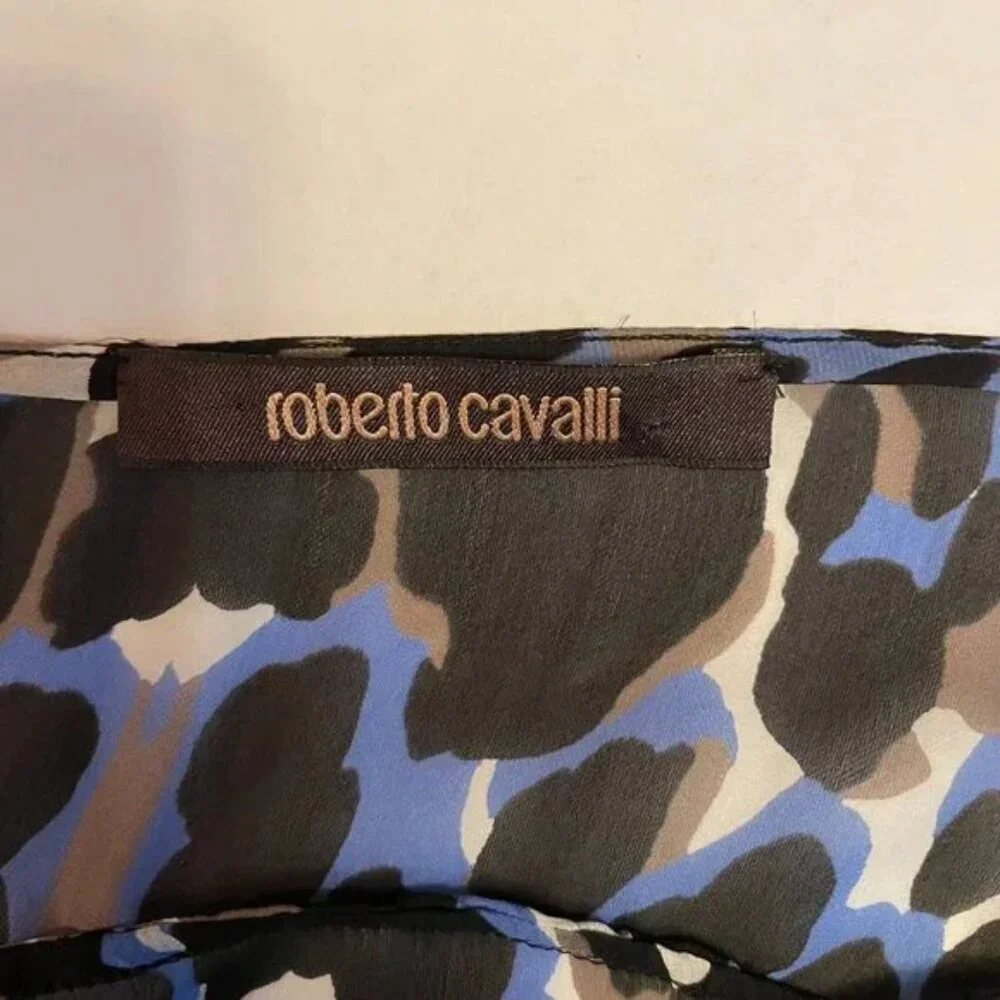 Robert Cavalli Blue Black Leopard Print Silk Blouse Bell Sleeve Sheer Size XS - Picture 10 of 13